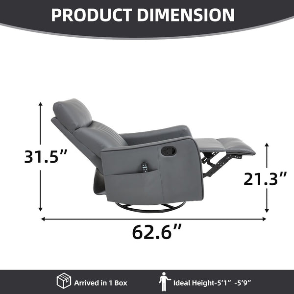 English Elm Grey Faux Leather Swivel Rocker Recliner with Massage Heat for Living Room W1803P508568