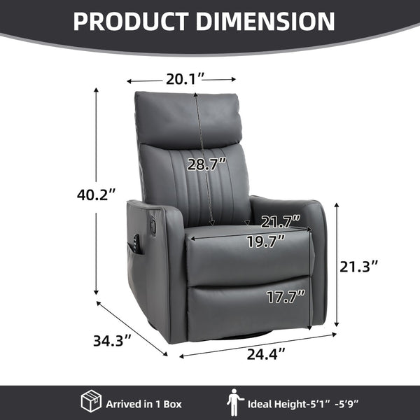 English Elm Grey Faux Leather Swivel Rocker Recliner with Massage Heat for Living Room W1803P508568