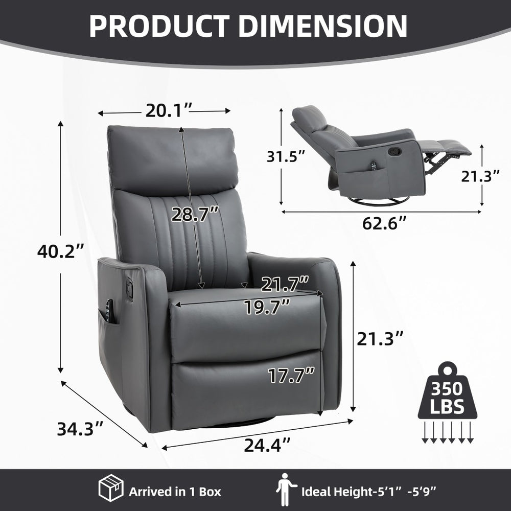 English Elm Grey Faux Leather Swivel Rocker Recliner with Massage Heat for Living Room W1803P508568