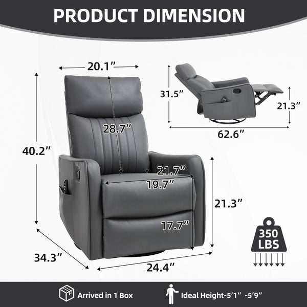 English Elm Grey Faux Leather Swivel Rocker Recliner with Massage Heat for Living Room W1803P508568