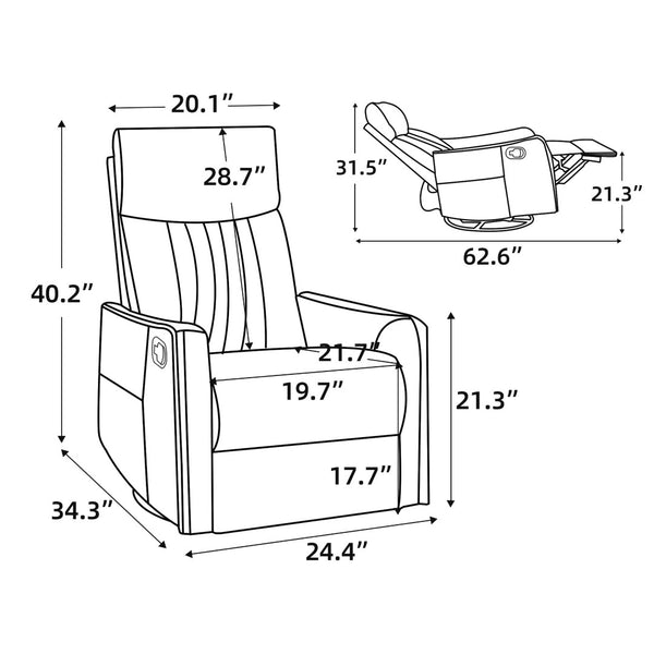 English Elm Grey Faux Leather Swivel Rocker Recliner with Massage Heat for Living Room W1803P508568