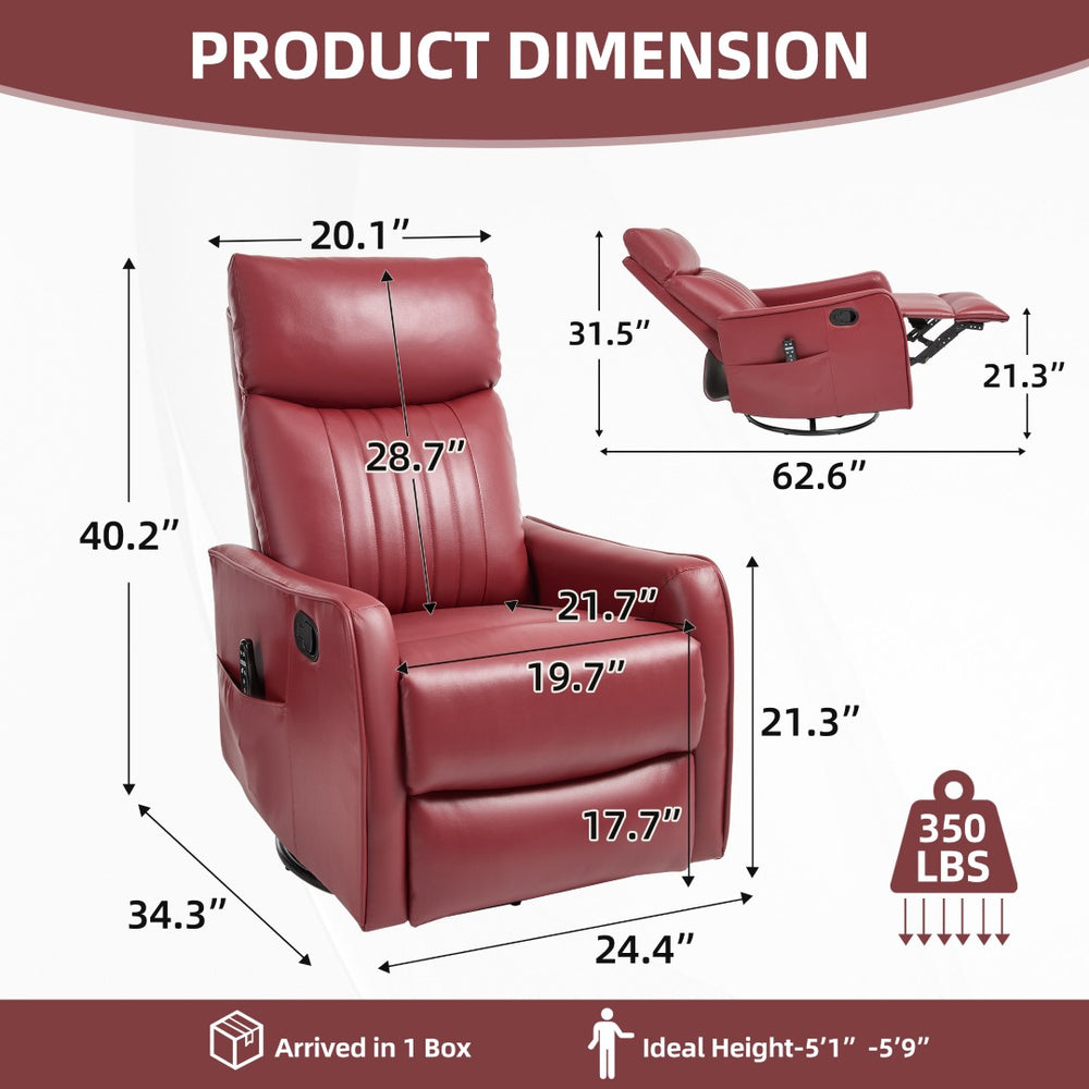 English Elm Red Faux Leather Rocker Swivel Recliner with Heat Massage Nodes for Living Room W1803P508569