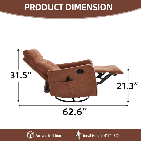 English Elm Orange Fabric Swivel Rocker Recliner with Massage Nodes and Lumbar Heat for Den W1803P508570