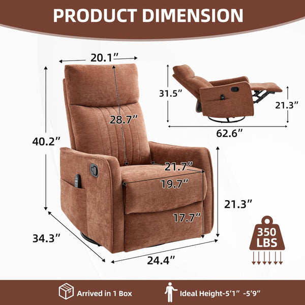English Elm Orange Fabric Swivel Rocker Recliner with Massage Nodes and Lumbar Heat for Den W1803P508570