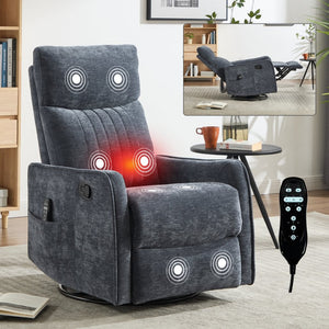 English Elm Blue Heat Massage Fabric Recliner with Swivel Rocker Base and Lumbar Relief Nodes W1803P508571