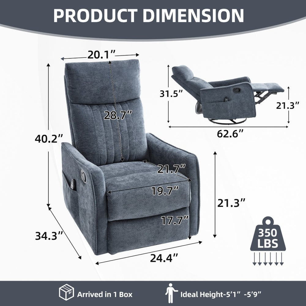 English Elm Blue Heat Massage Fabric Recliner with Swivel Rocker Base and Lumbar Relief Nodes W1803P508571