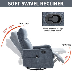 English Elm Blue Heat Massage Fabric Recliner with Swivel Rocker Base and Lumbar Relief Nodes W1803P508571
