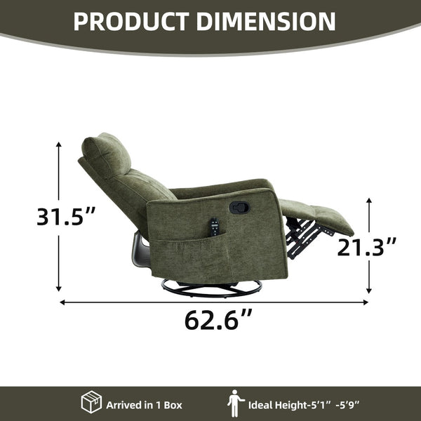 English Elm Green Heat Massage Fabric Recliner with Swivel Rocker and Lumbar Warmth for Living Room W1803P508573