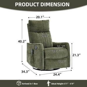 English Elm Green Heat Massage Fabric Recliner with Swivel Rocker and Lumbar Warmth for Living Room W1803P508573