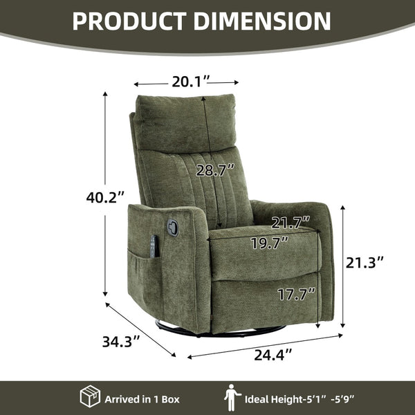 English Elm Green Heat Massage Fabric Recliner with Swivel Rocker and Lumbar Warmth for Living Room W1803P508573