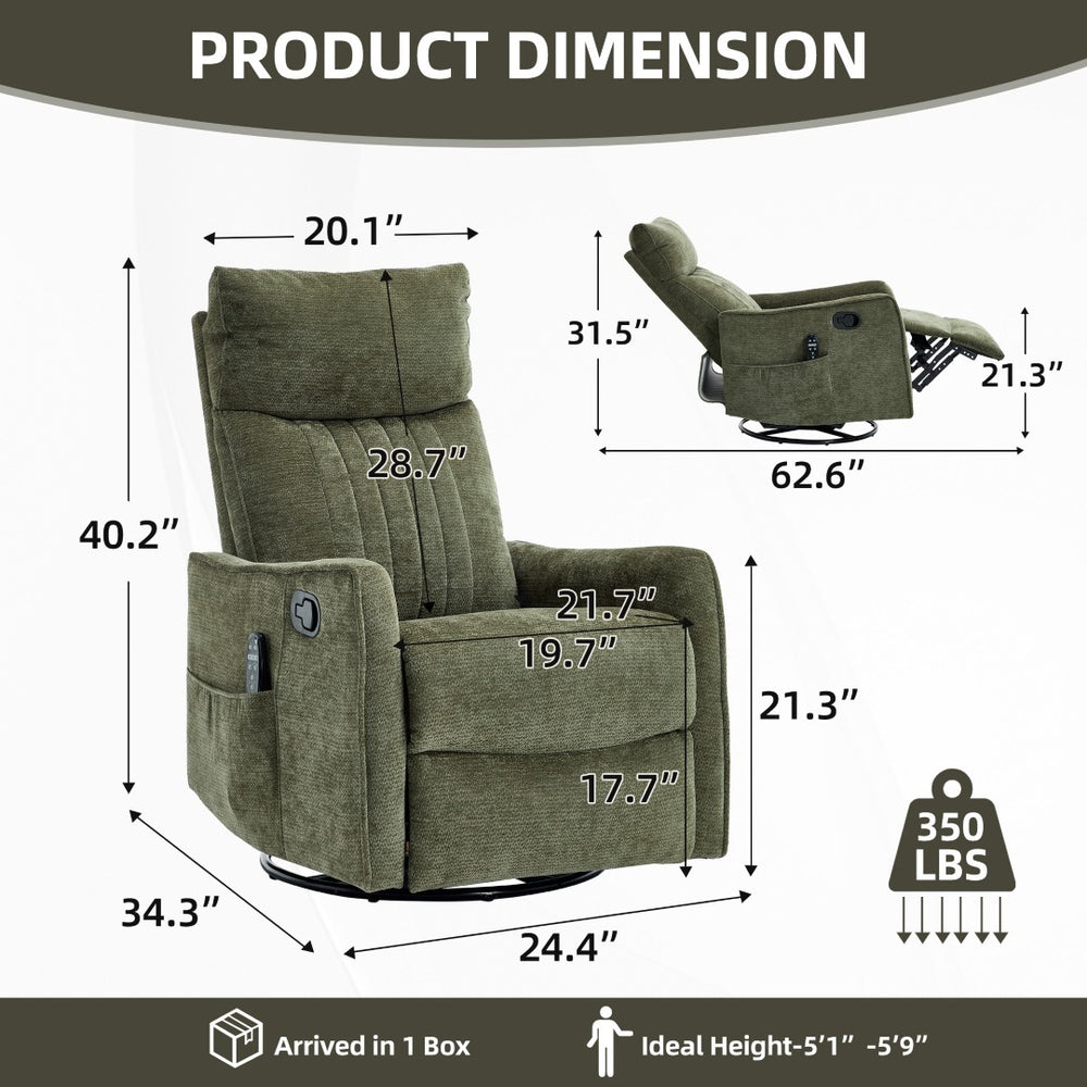 English Elm Green Heat Massage Fabric Recliner with Swivel Rocker and Lumbar Warmth for Living Room W1803P508573