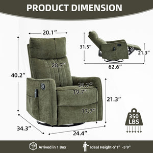 English Elm Green Heat Massage Fabric Recliner with Swivel Rocker and Lumbar Warmth for Living Room W1803P508573