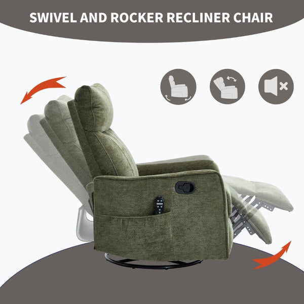 English Elm Green Heat Massage Fabric Recliner with Swivel Rocker and Lumbar Warmth for Living Room W1803P508573