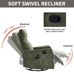 English Elm Green Heat Massage Fabric Recliner with Swivel Rocker and Lumbar Warmth for Living Room W1803P508573