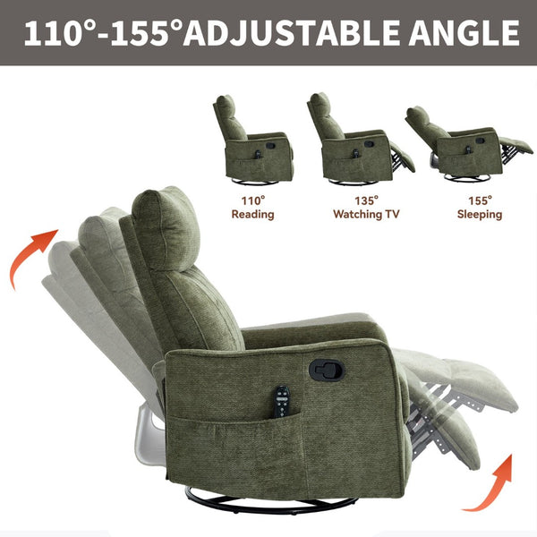 English Elm Green Heat Massage Fabric Recliner with Swivel Rocker and Lumbar Warmth for Living Room W1803P508573