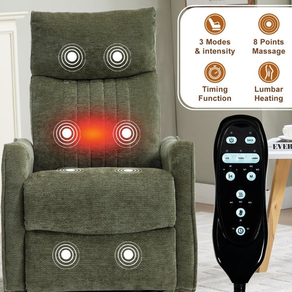 English Elm Green Heat Massage Fabric Recliner with Swivel Rocker and Lumbar Warmth for Living Room W1803P508573