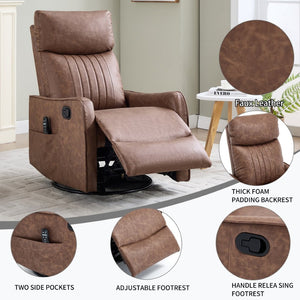 English Elm Brown Faux Leather Swivel Rocker Recliner with Massage Heat Nodes for Living Room W1803P508574