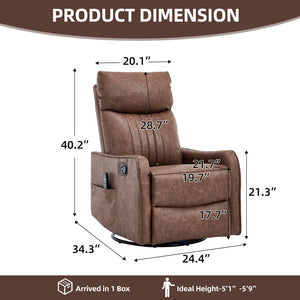 English Elm Brown Faux Leather Swivel Rocker Recliner with Massage Heat Nodes for Living Room W1803P508574