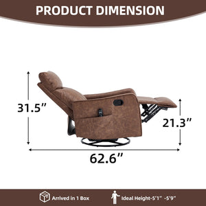 English Elm Brown Faux Leather Swivel Rocker Recliner with Massage Heat Nodes for Living Room W1803P508574