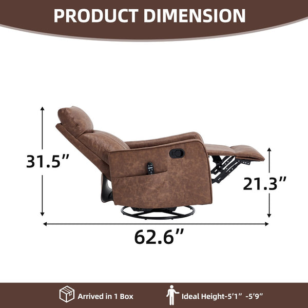English Elm Brown Faux Leather Swivel Rocker Recliner with Massage Heat Nodes for Living Room W1803P508574