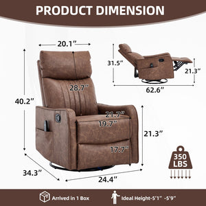 English Elm Brown Faux Leather Swivel Rocker Recliner with Massage Heat Nodes for Living Room W1803P508574