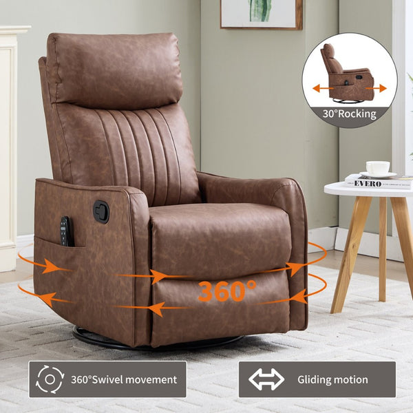 English Elm Brown Faux Leather Swivel Rocker Recliner with Massage Heat Nodes for Living Room W1803P508574