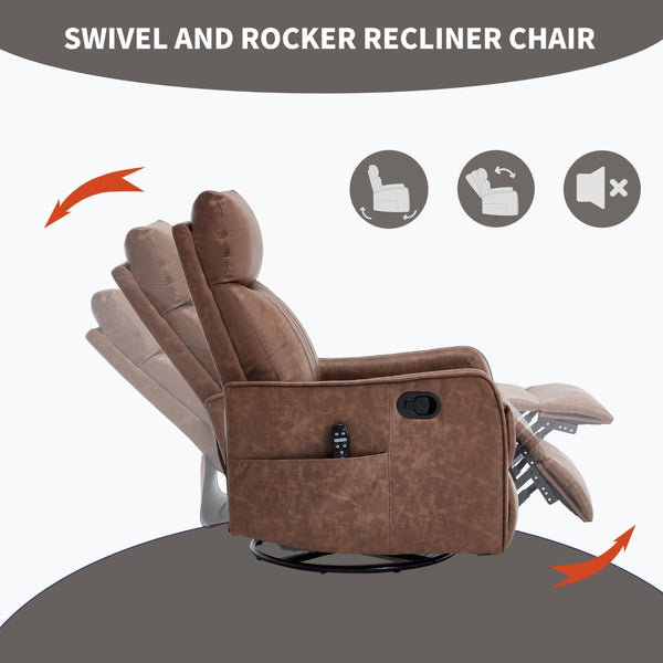 English Elm Brown Faux Leather Swivel Rocker Recliner with Massage Heat Nodes for Living Room W1803P508574