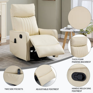 English Elm Beige Faux Leather Swivel Rocker Recliner with Massage Heat for Living Room W1803P508575