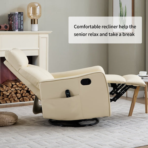 English Elm Beige Faux Leather Swivel Rocker Recliner with Massage Heat for Living Room W1803P508575