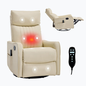 English Elm Beige Faux Leather Swivel Rocker Recliner with Massage Heat for Living Room W1803P508575