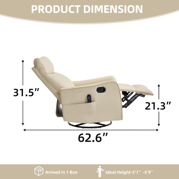English Elm Beige Faux Leather Swivel Rocker Recliner with Massage Heat for Living Room W1803P508575