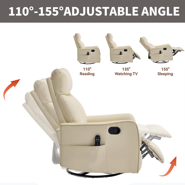 English Elm Beige Faux Leather Swivel Rocker Recliner with Massage Heat for Living Room W1803P508575
