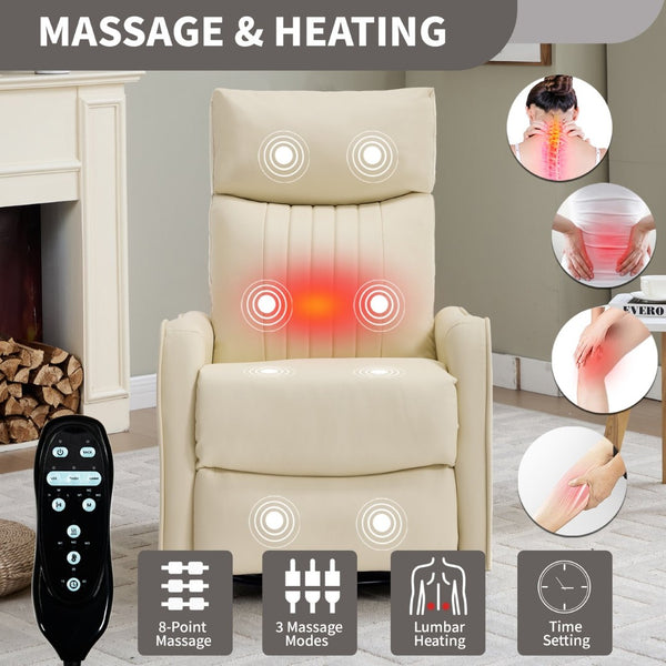 English Elm Beige Faux Leather Swivel Rocker Recliner with Massage Heat for Living Room W1803P508575