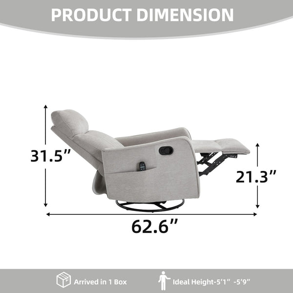 English Elm Light Grey Fabric Swivel Rocker Recliner with Massage Heat Therapy for Living Room W1803P508577