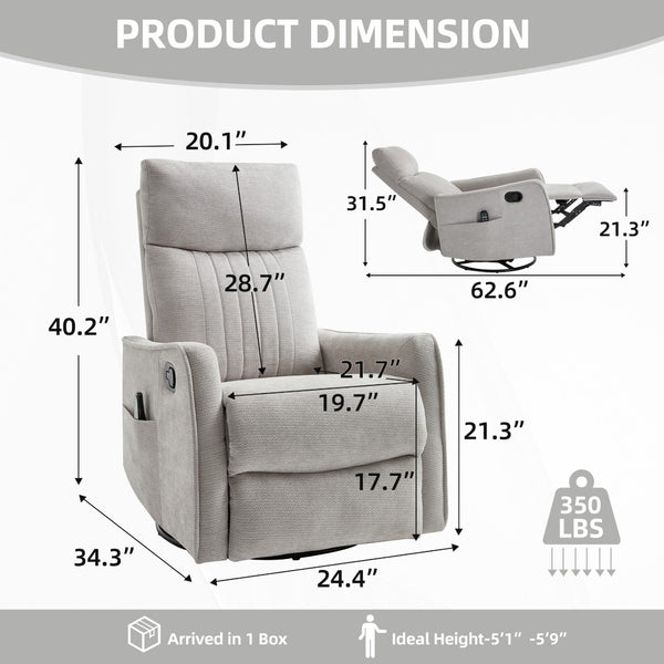 English Elm Light Grey Fabric Swivel Rocker Recliner with Massage Heat Therapy for Living Room W1803P508577
