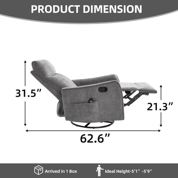 English Elm Dark Grey Fabric Swivel Recliner with Massage Heat Rocking Motion for Living Room W1803P508578