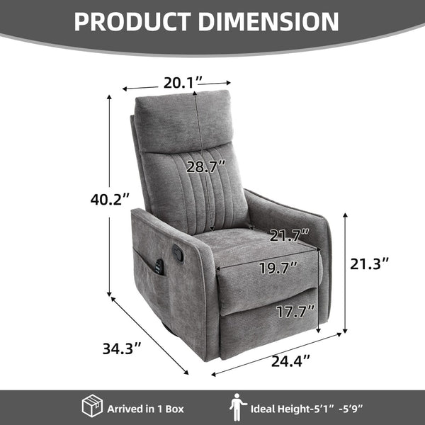 English Elm Dark Grey Fabric Swivel Recliner with Massage Heat Rocking Motion for Living Room W1803P508578