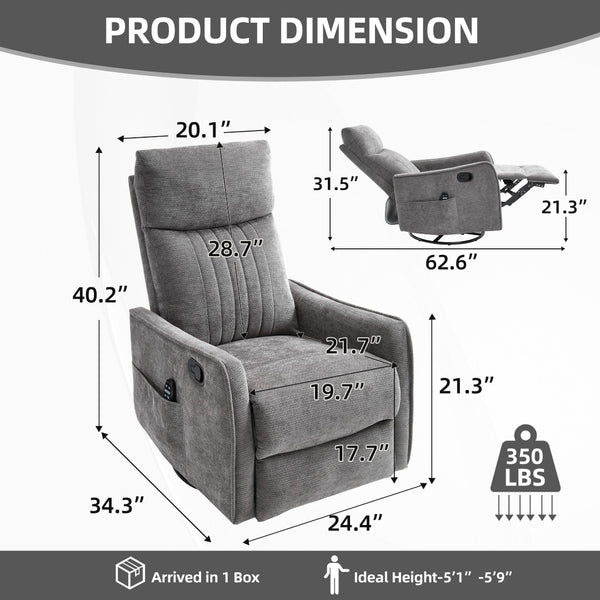 English Elm Dark Grey Fabric Swivel Recliner with Massage Heat Rocking Motion for Living Room W1803P508578