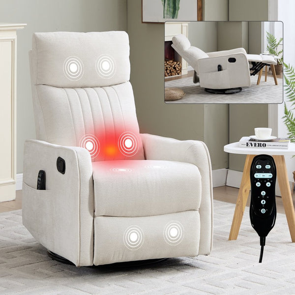English Elm Beige Fabric Swivel Rocker Recliner with Massage Nodes and Lumbar Heat for Living Room W1803P508579
