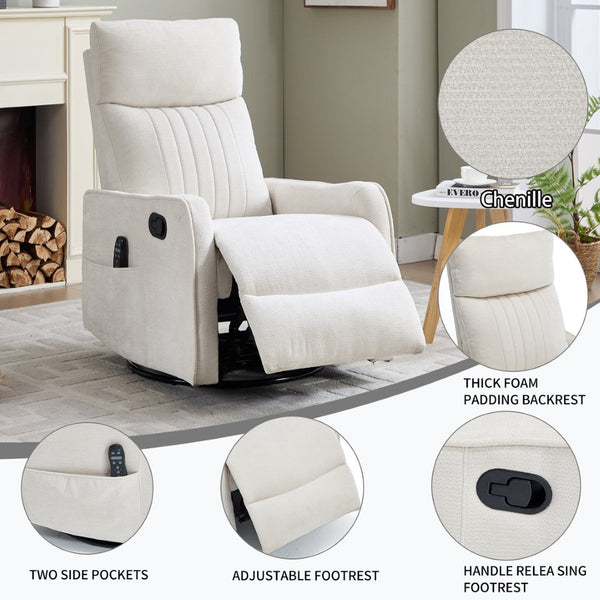 English Elm Beige Fabric Swivel Rocker Recliner with Massage Nodes and Lumbar Heat for Living Room W1803P508579