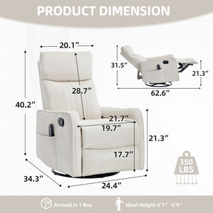 English Elm Beige Fabric Swivel Rocker Recliner with Massage Nodes and Lumbar Heat for Living Room W1803P508579