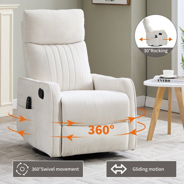 English Elm Beige Fabric Swivel Rocker Recliner with Massage Nodes and Lumbar Heat for Living Room W1803P508579