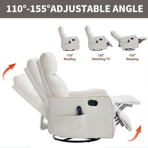 English Elm Beige Fabric Swivel Rocker Recliner with Massage Nodes and Lumbar Heat for Living Room W1803P508579