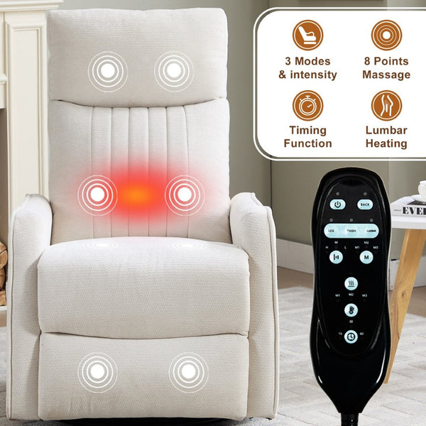 English Elm Beige Fabric Swivel Rocker Recliner with Massage Nodes and Lumbar Heat for Living Room W1803P508579