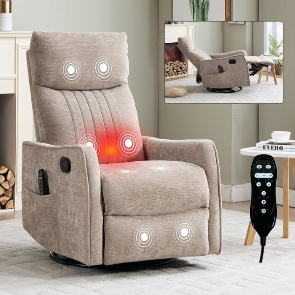 English Elm Khaki Fabric Swivel Rocker Recliner with Massage Heat Nodes for Living Room Comfort W1803P508580