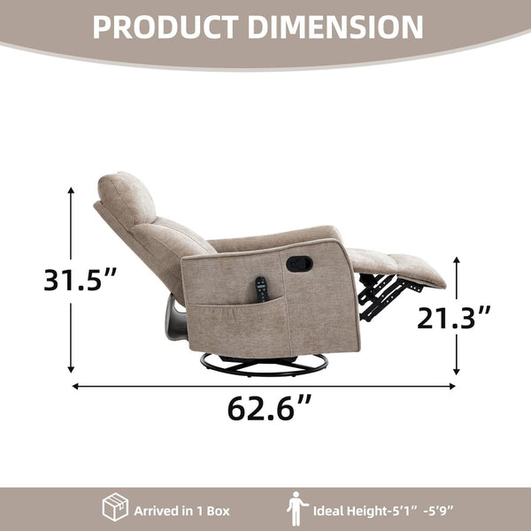 English Elm Khaki Fabric Swivel Rocker Recliner with Massage Heat Nodes for Living Room Comfort W1803P508580