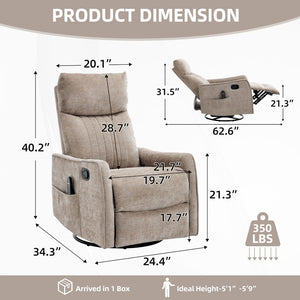 English Elm Khaki Fabric Swivel Rocker Recliner with Massage Heat Nodes for Living Room Comfort W1803P508580