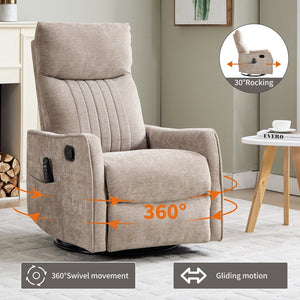 English Elm Khaki Fabric Swivel Rocker Recliner with Massage Heat Nodes for Living Room Comfort W1803P508580
