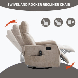 English Elm Khaki Fabric Swivel Rocker Recliner with Massage Heat Nodes for Living Room Comfort W1803P508580
