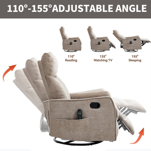 English Elm Khaki Fabric Swivel Rocker Recliner with Massage Heat Nodes for Living Room Comfort W1803P508580